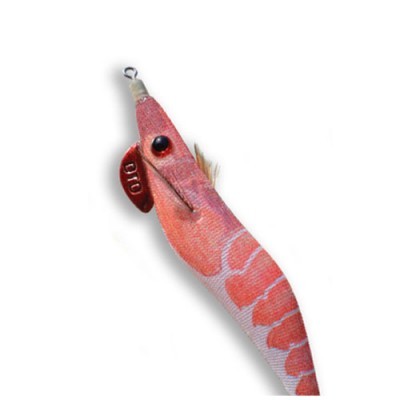 Isca de pesca em forma de camarão rosa com padrão branco e etiqueta vermelha