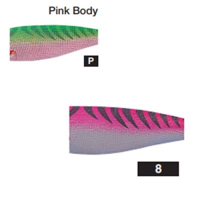 Objetos alongados rosa-roxo com rótulos 'P' e '8'