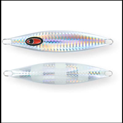 Dois iscos de pesca prateados com acabamento iridescente e buracos nas extremidades