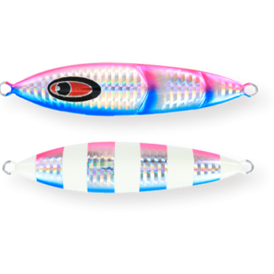 Dois anzóis de pesca coloridos com padrão perolado e ganchos nas extremidades.