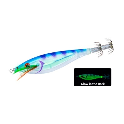 Isca de pesca azul e branca com anzóis e penas coloridas, mostrando brilho no escuro