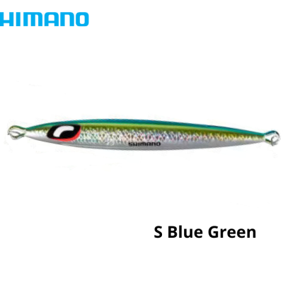 Isca de pesca metálica azul e verde com olhos pintados e texto Shimano