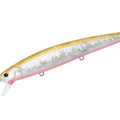 Isca de pesca artificial dourada e prateada com olhos e textura de escamas