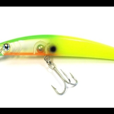 Isca de pesca artificial oca verde e amarela com anzóis metálicos