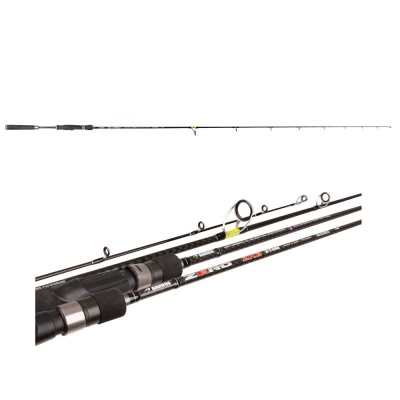 Vara de pesca preta com detalhes prateados e vermelhos com passadores e empunhadura preta.