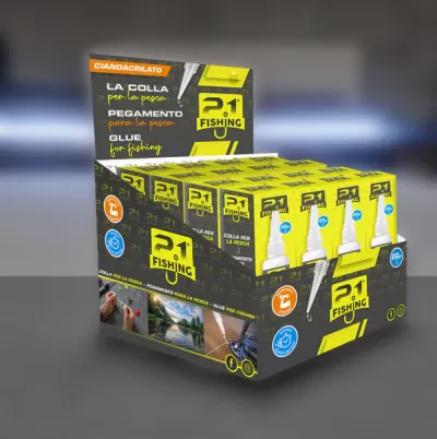 Expositor de cola rápida para pesca P1 Fishing em amarelo e preto com imagens de pesca.