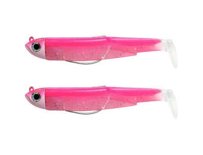 Dois iscos artificiais para pesca cor rosa e branco com anzóis