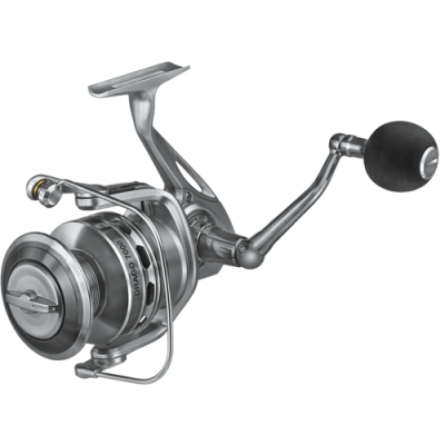 Carretel de pesca prateado com punho preto e texto DRAGO 7000