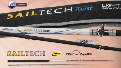 Varas de pesca Brentin Sailtech Twist com bolsa preta e detalhes de texto coloridos