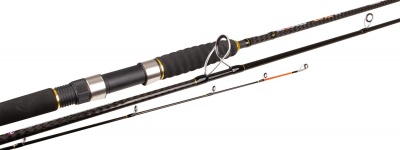 Cana de pesca preta com detalhes amarelos e metal prateado