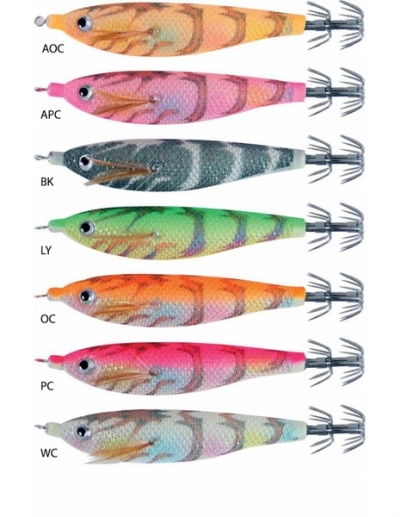 Sete iscas artificiais coloridas etiquetadas para pesca