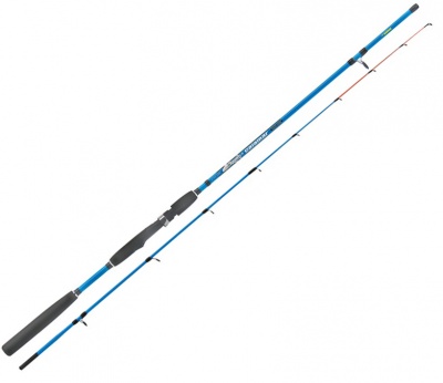 Vara de pesca azul e preta detalhada, sobre fundo branco