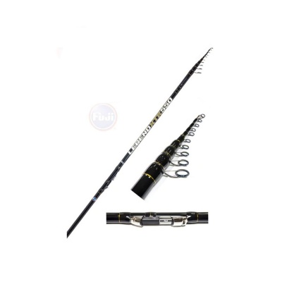 Vara de pesca telescópica preta com argolas e suporte metálico