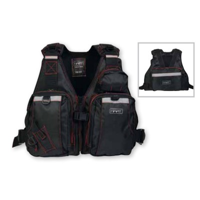 Colete tático preto com bolsos e detalhes vermelhos