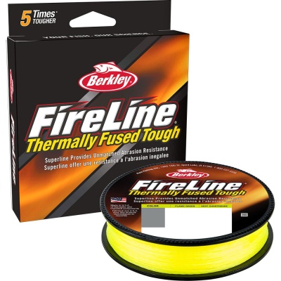 Linha de pesca amarela fluorescente Berkley FireLine em embalagem preta e laranja
