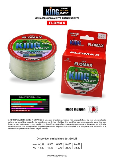 Linha monofilamento transparente para pesca FLOMAX KING POWER com bobine e embalagem vermelha e verde