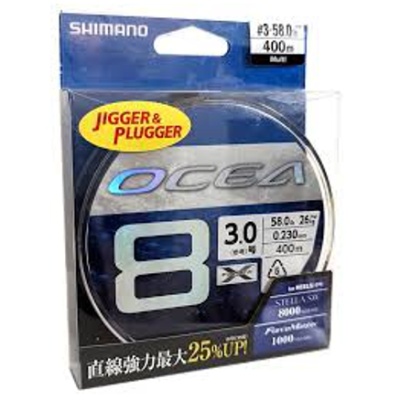 Linha de pesca Shimano Ocea 8 em embalagem azul transparente.