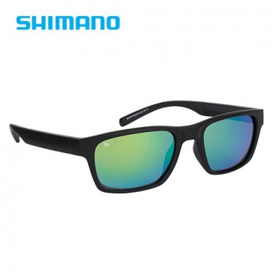 Óculos de sol Shimano com armação preta e lentes espelhadas verdes e azuis