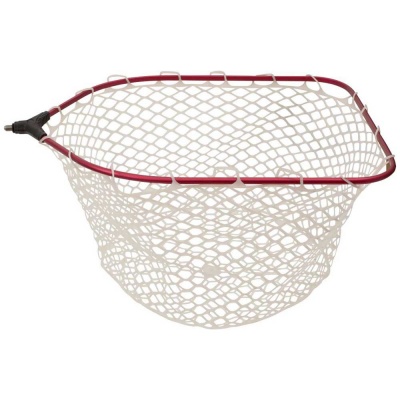 Rede de pesca branca com estrutura vermelha e encaixe preto