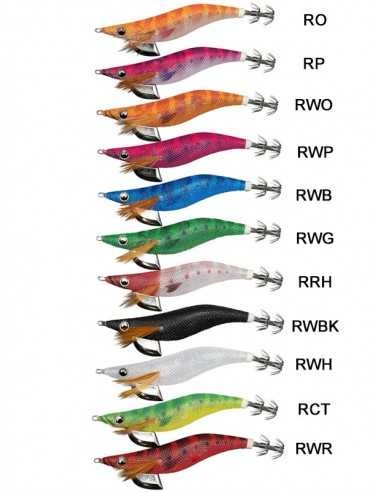 Isco de pesca em forma de lula de várias cores com letras identificadoras ao lado.