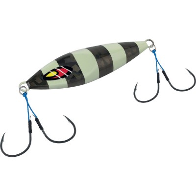 Isca de pesca metálica preta e cinza com anzóis duplos