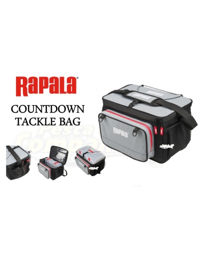 Mala de pesca Rapala Countdown Tackle Bag cinzenta e preta com fechos vermelhos e várias divisórias