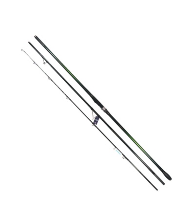 Três varetas de cana de pesca pretas com detalhes verdes em fundo branco