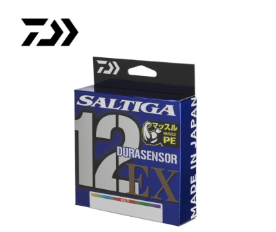 Caixa azul e preta de linha de pesca multifacetada Saltiga 12EX Durasensor