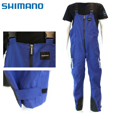 Macacão impermeável azul e preto Shimano com alças ajustáveis e fecho zip frontal