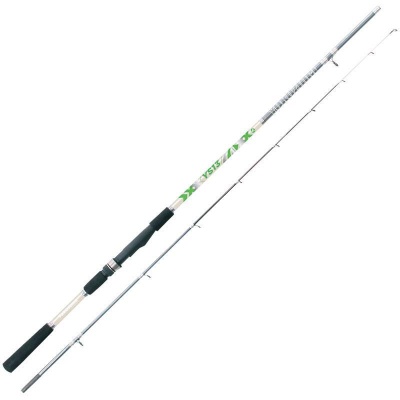 Vara de pesca branca com cabo preto e detalhes verdes sobre fundo branco