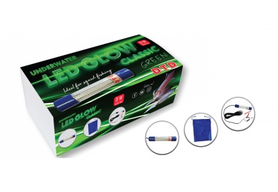 Caixa de LED subaquático verde para pesca com acessórios ao lado