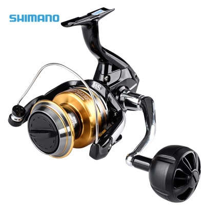 Carreto de pesca Shimano preto e dourado com punho e componentes metálicos