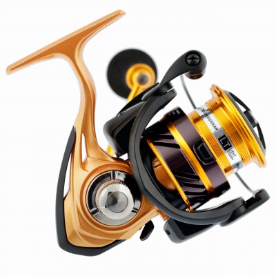 Carretel de pesca dourado e preto com texto IL T8000