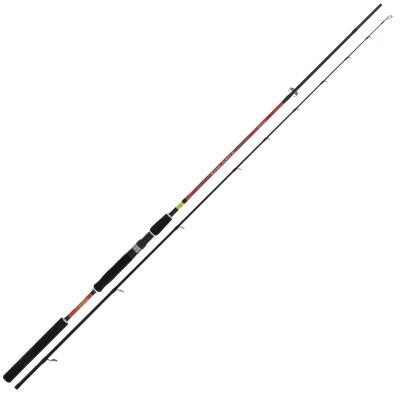 Vara de pesca preta e vermelha com punho de espuma preta e suporte para carreto