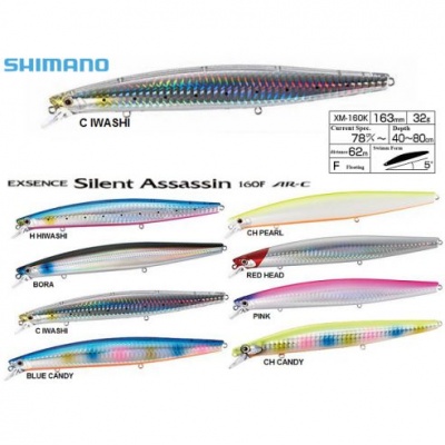 Isco de pesca Shimano Exsence Silent Assassin 160F AR-C em várias cores e detalhes técnicos.