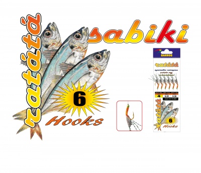Embalagem de isca de pesca Sabiki com três peixes e escrita colorida
