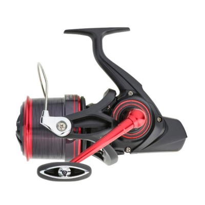 Carretel de pesca rotativo preto e vermelho com manivela oval