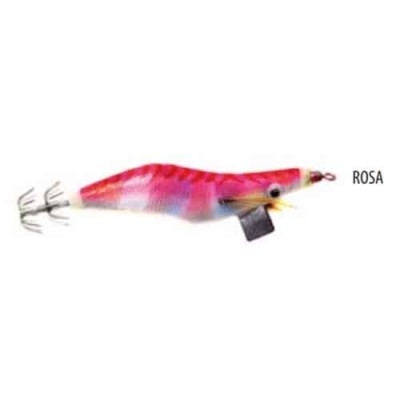 Isca artificial de pesca rosa com padrão listrado e anéis metálicos.