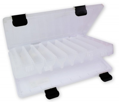 Caixa organizadora transparente de plástico com compartimentos e fechos pretos