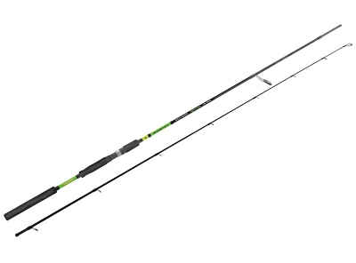 Vara de pesca com cabo preto e detalhes verdes, em duas partes