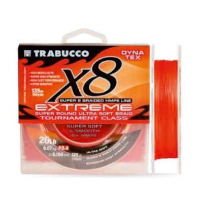 Linha de pesca trançada Trabucco X8 Extreme Dyna Tex laranja com embalagem e texto visível