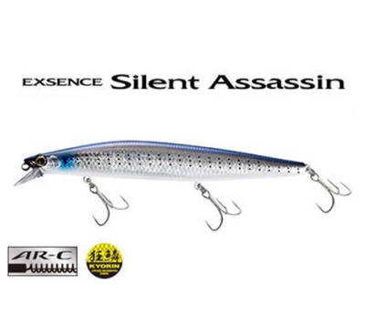 Isca de pesca Exsence Silent Assassin azul e prata com ganchos prateados