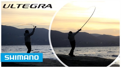 Pessoas a pescar ao pôr do sol com texto ULTEGRA e logo SHIMANO