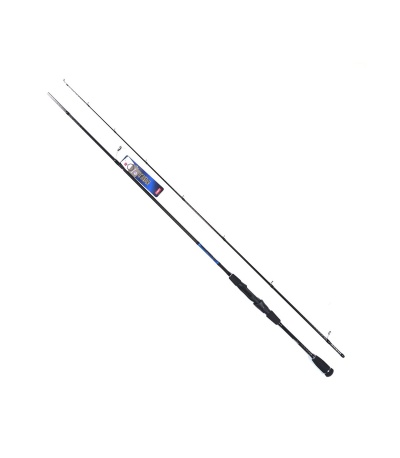 vara de pesca preta em duas partes com punho antiderrapante e etiqueta azul