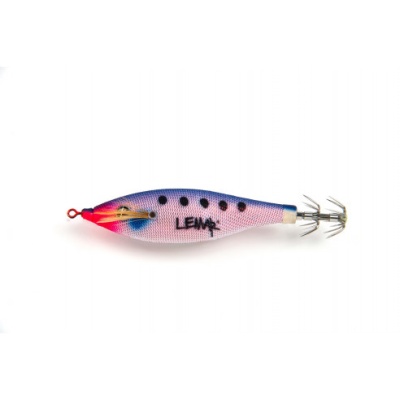 Isca de pesca rosa, azul e vermelha com texto LEVA+