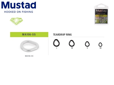 Anéis metálicos Mustad TEARDROP RING em quatro tamanhos com embalagem da marca Mustad ao fundo