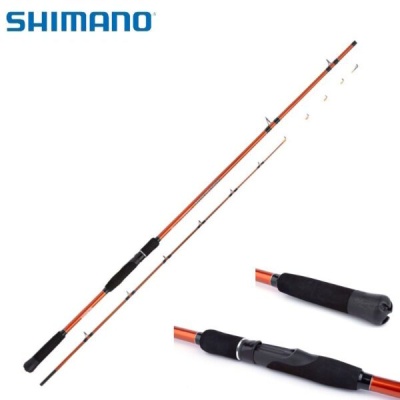 Varão de pesca laranja com cabo preto e passadores Shimano