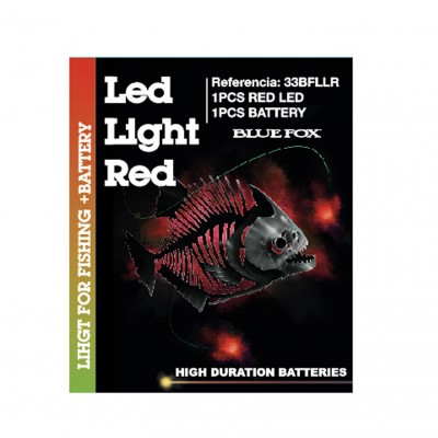 Embalagem preta para luz LED vermelha de pesca da BLUE FOX com texto em branco e laranja