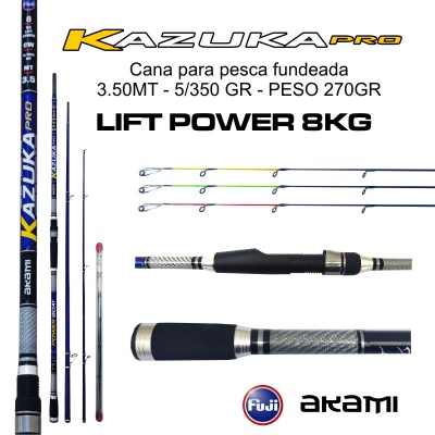 Cana de pesca Kazuka Pro 3,50m com pega preta e cinzenta e pontas coloridas.