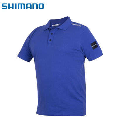 Polo azul da marca Shimano com botões e logótipos brancos